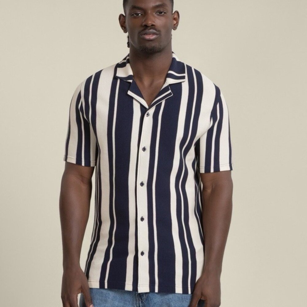 NWT‎ Larrson & Co Anker Waffle Stripe Short Sleeve Shirt Mens XL Camp